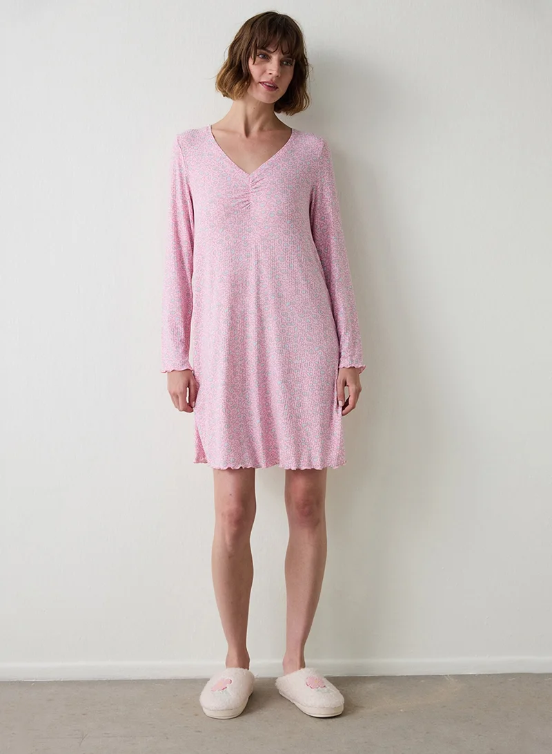 Penti Not Today Floral Patterned Crew Neck Long Sleeve Nightgown